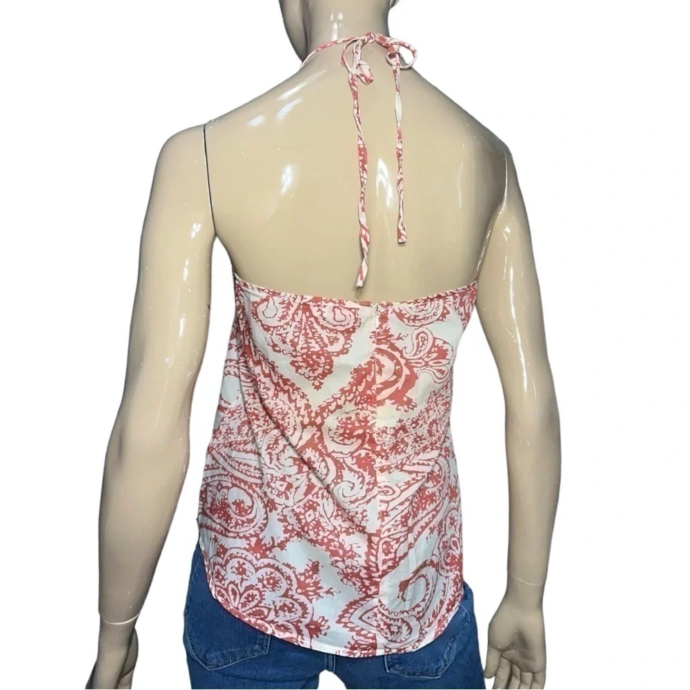 Fourtys Anthropologie S Red White Paisley Print Wooden Bead Neckline Halter Top